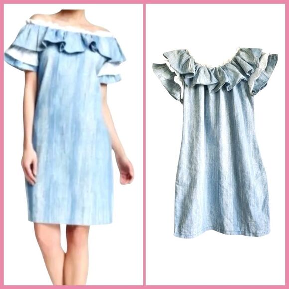 EUC TOV Los Angeles Off Shoulder Chambray Dress Ruffle Blue Size 40 M - Picture 5 of 11